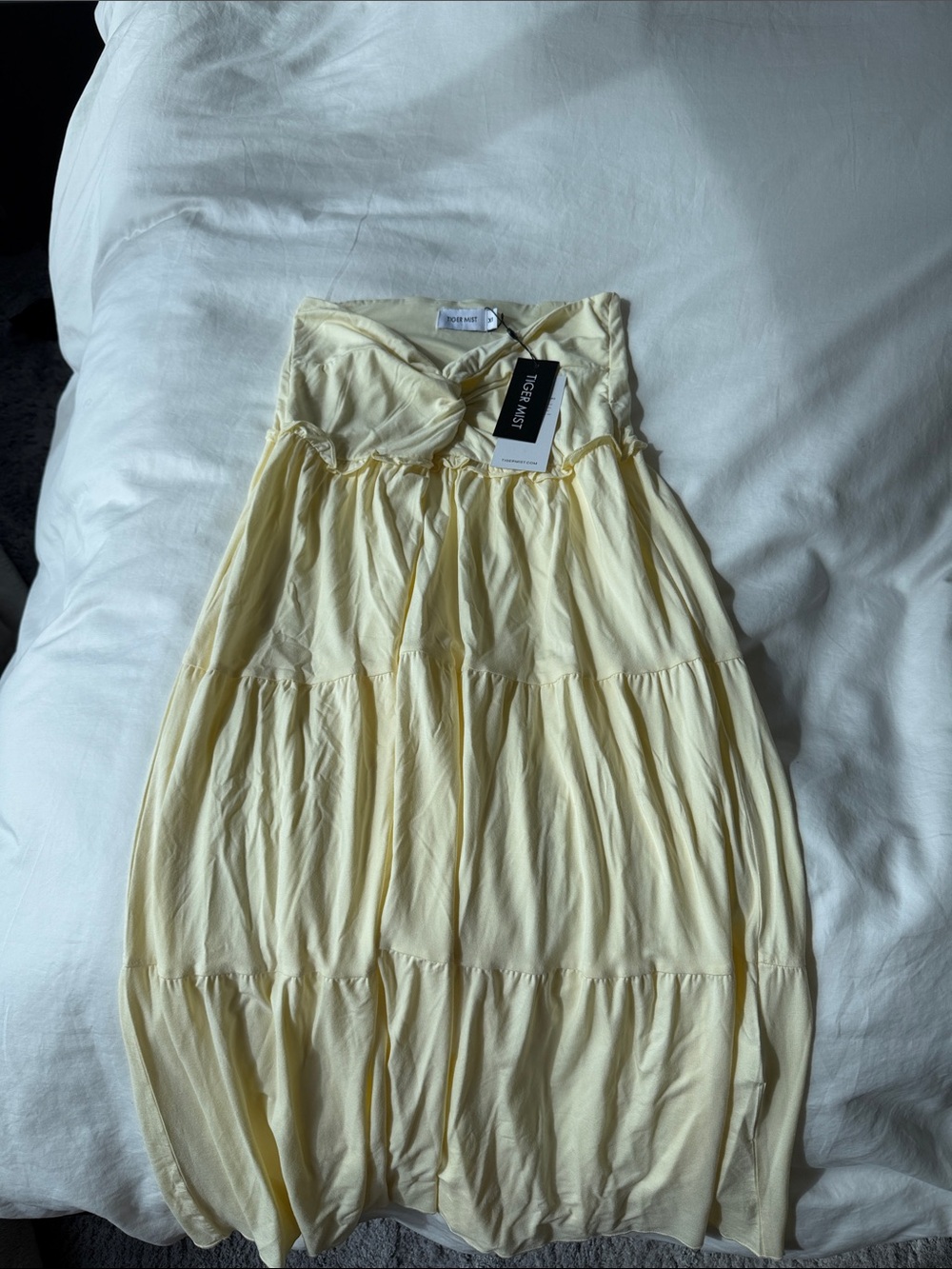 Tiger Mist Pale Yellow Twist-Front Strapless Dress
